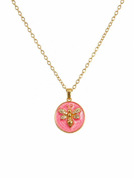 Pink honey bee pendant necklace